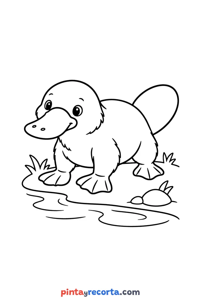 Platypus coloring page: at the edge of the water, easy level with thick outlines and big spaces