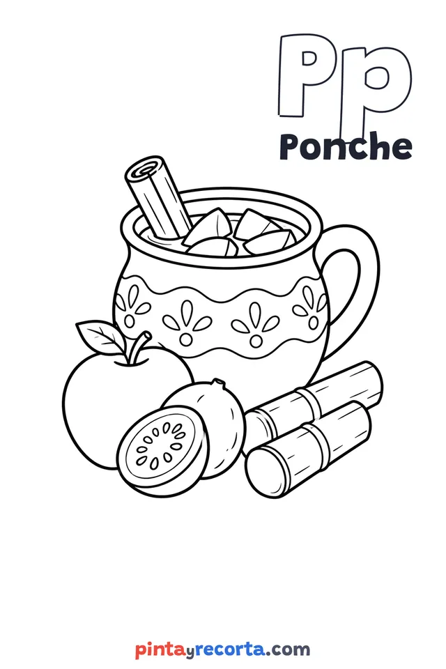 Dibujo de ponche para colorear con la letra Pp y la palabra Ponche, nivel básico
