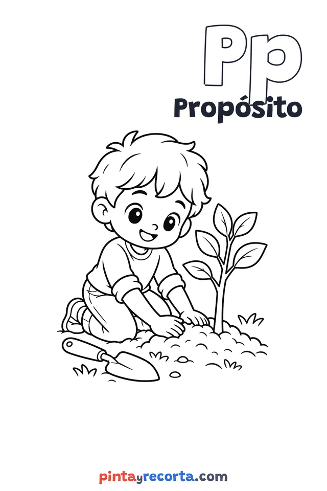 Dibujo de propósito para colorear con la letra Pp y la palabra Propósito, nivel básico