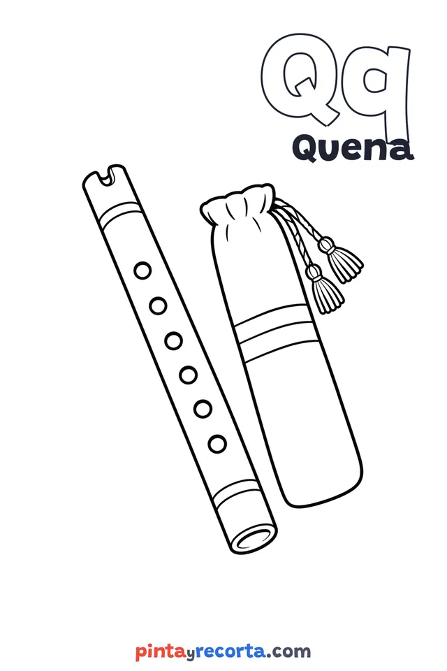 Dibujo de quena para colorear con la letra Qq y la palabra Quena, nivel básico