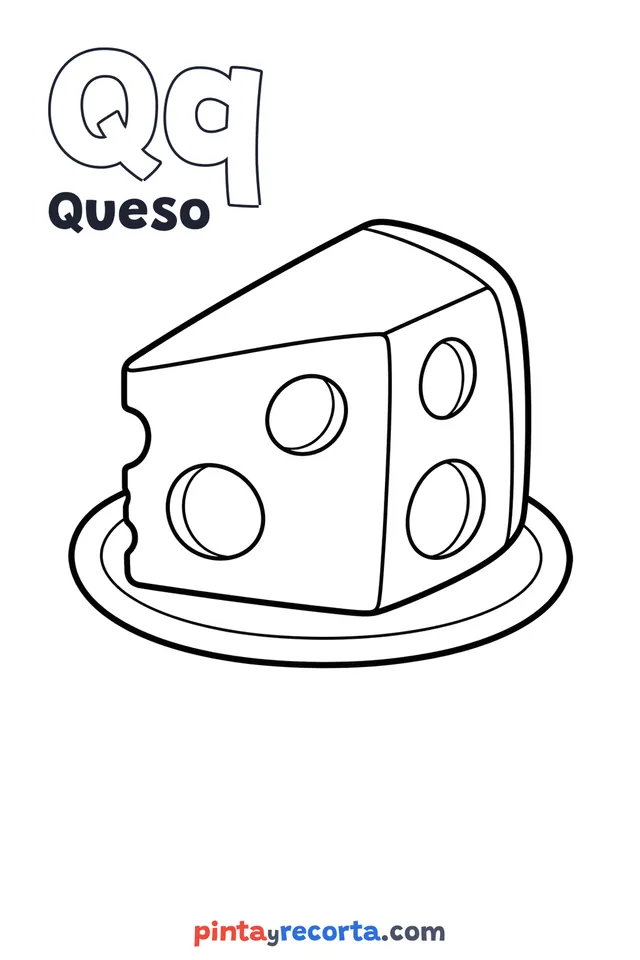 Dibujo de queso para colorear con la letra Qq y la palabra Queso, nivel básico