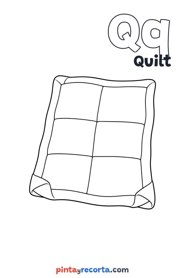 Quilt coloring page with the letter Qq and the word Quilt, easy level