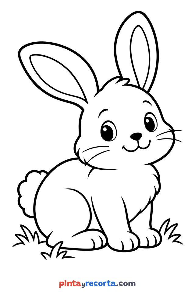 Rabbit coloring page: full body in a calm pose, easy level with thick outlines and big spaces