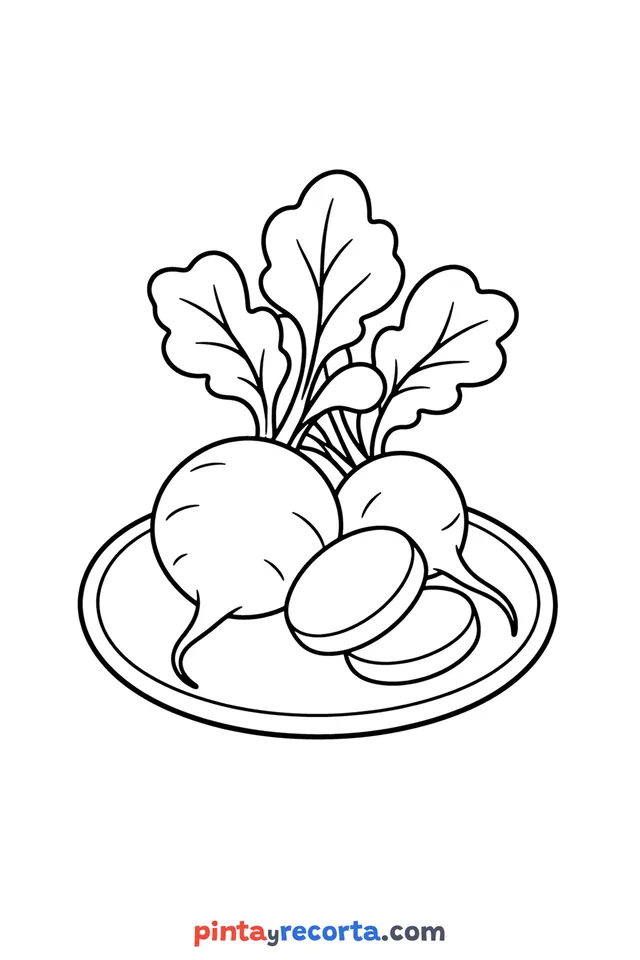 Radish coloring page: radishes on a plate with their leaves, easy level with thick outlines and big spaces