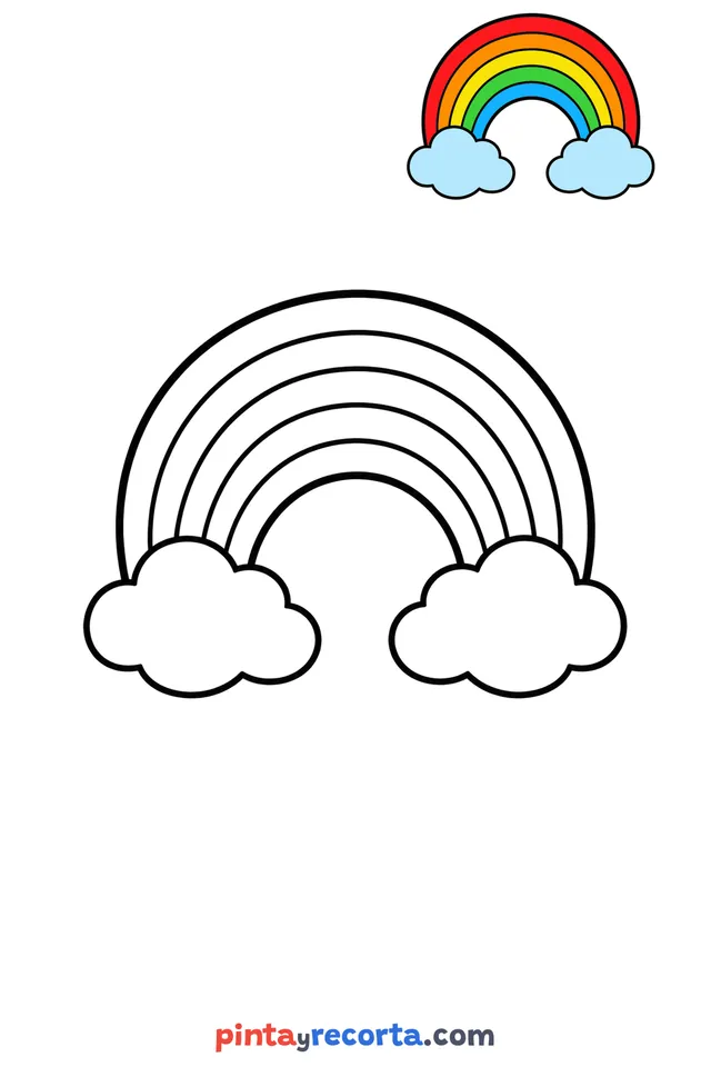 Rainbow coloring page with a small color guide, easy level