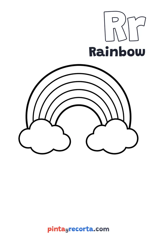 Rainbow coloring page with the letter Rr and the word Rainbow, easy level