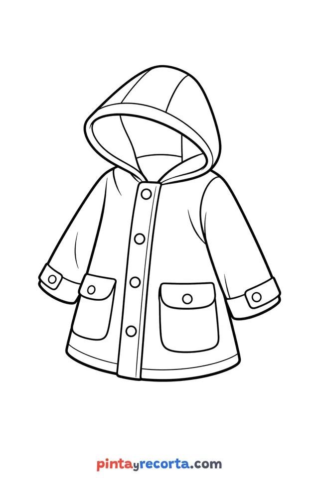 Raincoat coloring page: in three-quarter view, easy level with thick outlines and big spaces