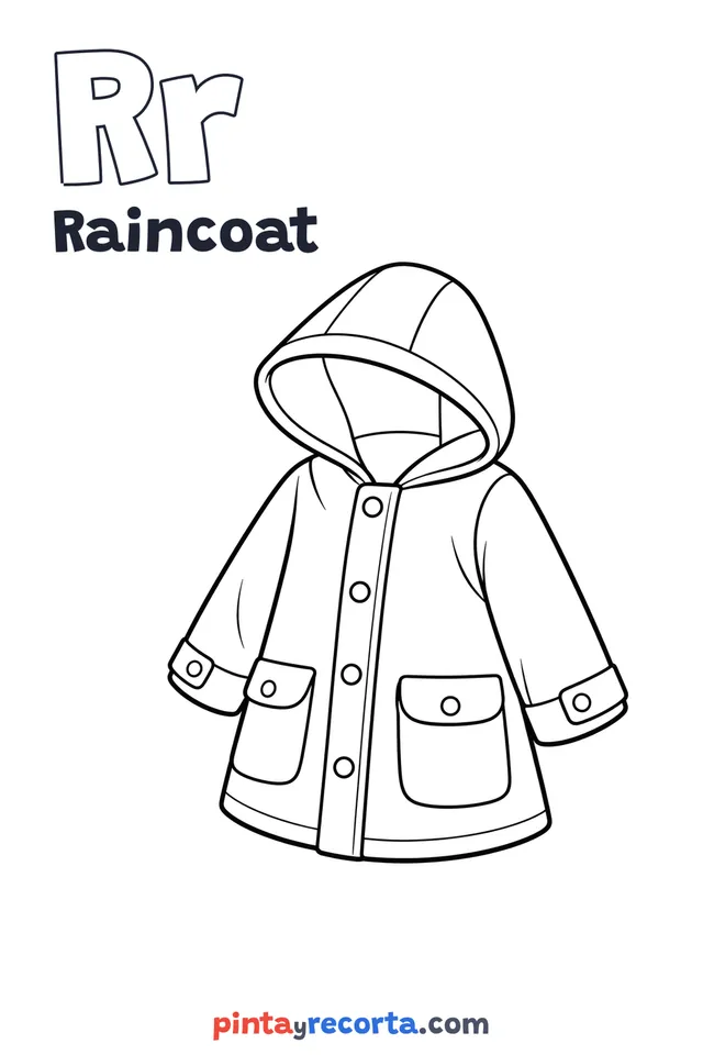 Raincoat coloring page with the letter Rr and the word Raincoat, easy level