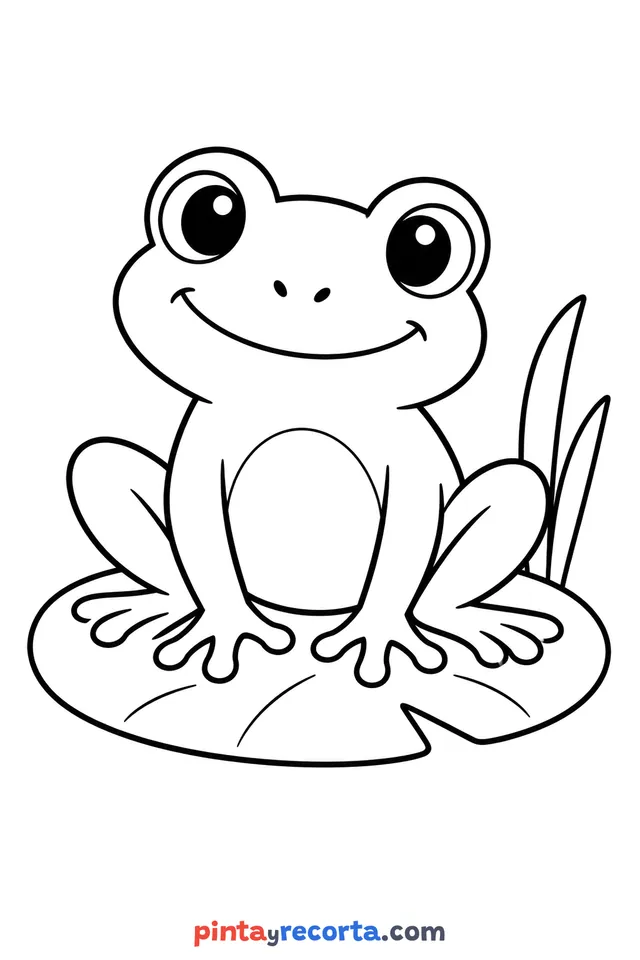 Dibujo de rana para colorear de cuerpo completo en pose tranquila, nivel básico con trazos gruesos y áreas grandes