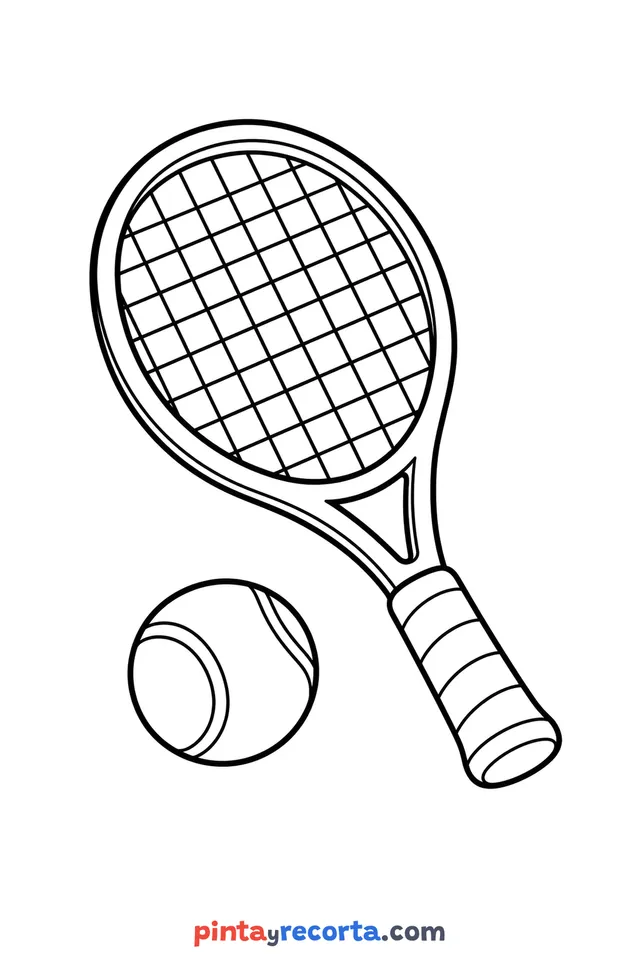 Dibujo de raqueta para colorear de tenis con su pelota, nivel básico con trazos gruesos y áreas grandes