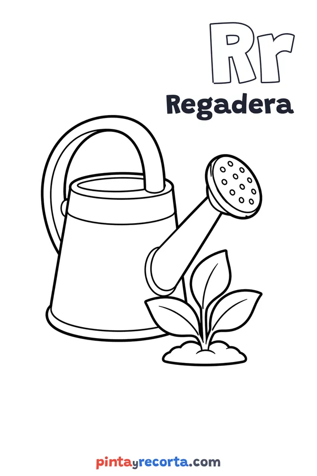 Dibujo de regadera para colorear con la letra Rr y la palabra Regadera, nivel básico