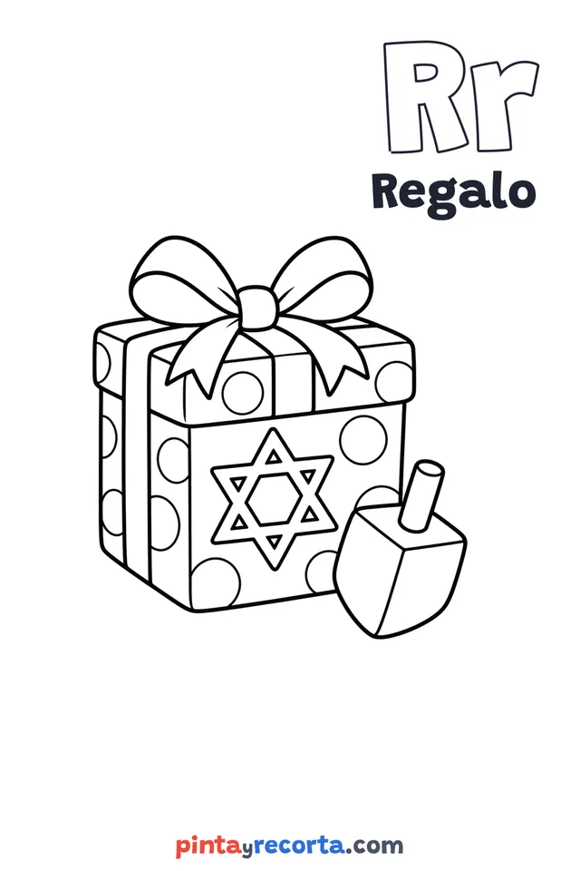 Dibujo de regalo para colorear con la letra Rr y la palabra Regalo, nivel básico