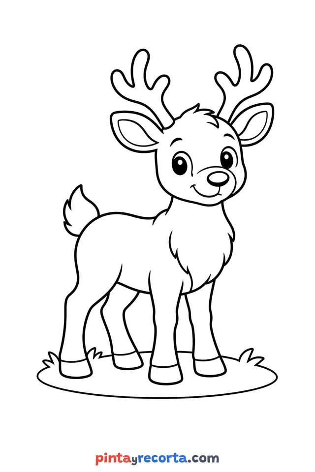 Reindeer coloring page: standing on the grass, easy level with thick outlines and big spaces