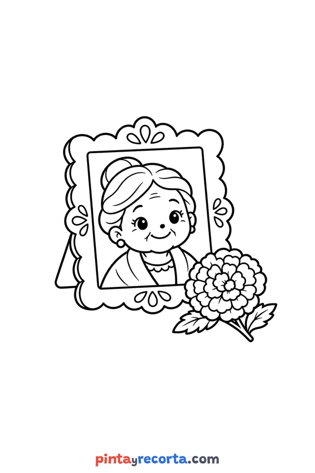 Dibujo de retrato de Día de Muertos para colorear, nivel básico con trazos gruesos y áreas grandes