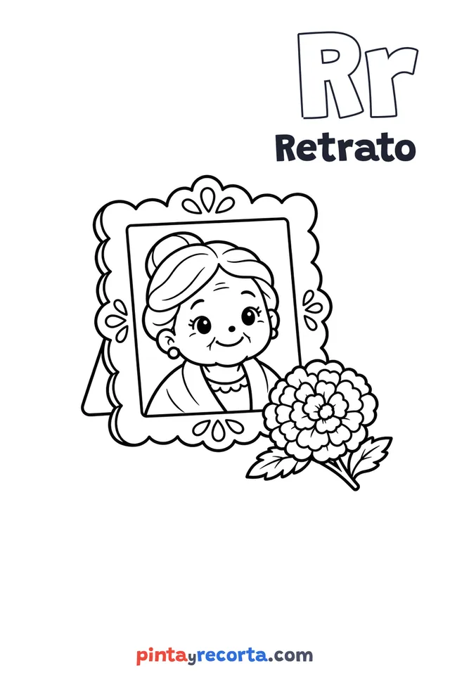 Dibujo de retrato para colorear con la letra Rr y la palabra Retrato, nivel básico