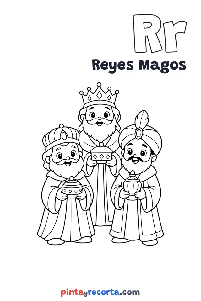 Dibujo de reyes magos para colorear con la letra Rr y la palabra Reyes Magos, nivel básico