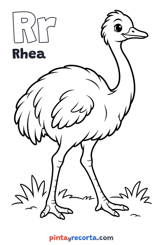 Rhea coloring page with the letter Rr and the word Rhea, easy level