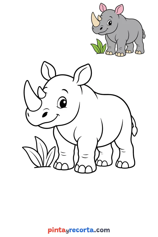 Rhino coloring page with a small color guide, easy level