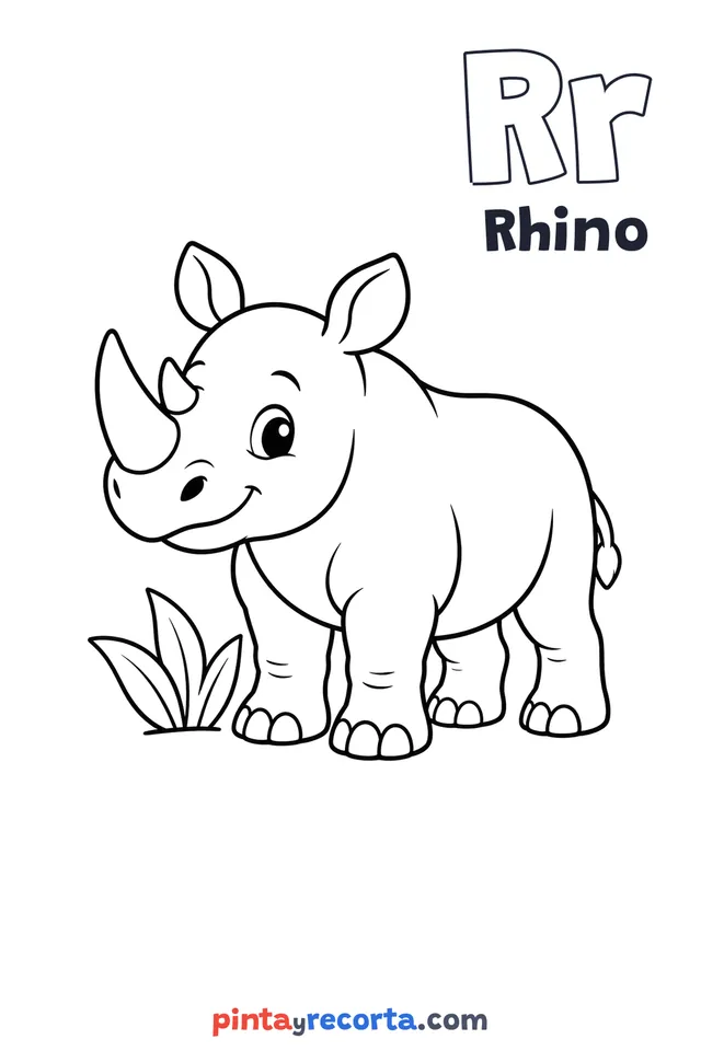 Rhino coloring page with the letter Rr and the word Rhino, easy level