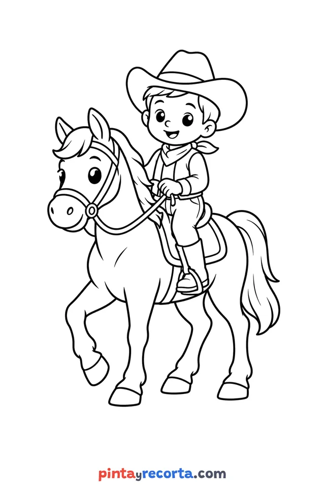 Rider coloring page: wearing a cowboy hat and riding a horse, easy level with thick outlines and big spaces