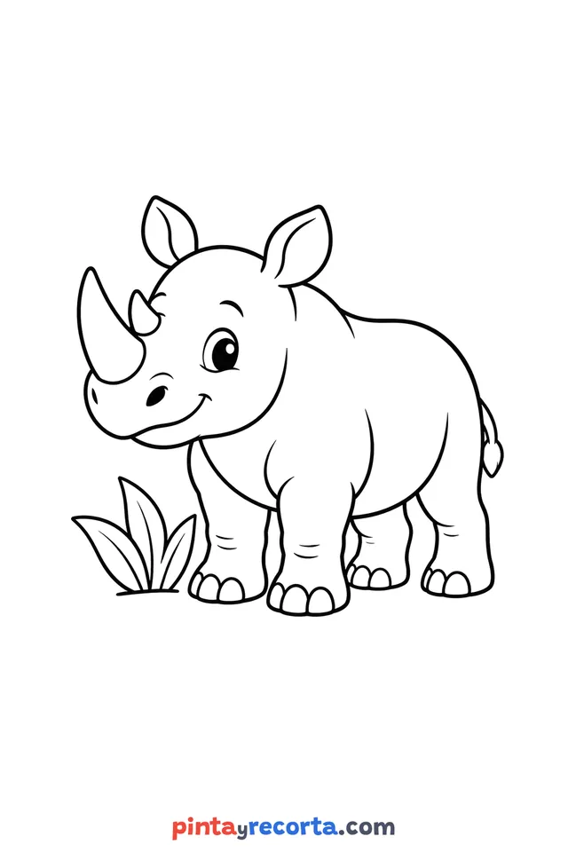 Dibujo de rinoceronte para colorear de cuerpo completo en pose tranquila, nivel básico con trazos gruesos y áreas grandes
