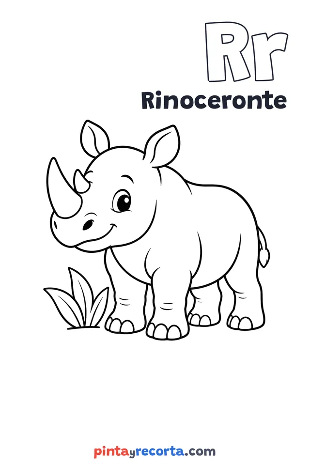 Dibujo de rinoceronte para colorear con la letra Rr y la palabra Rinoceronte, nivel básico