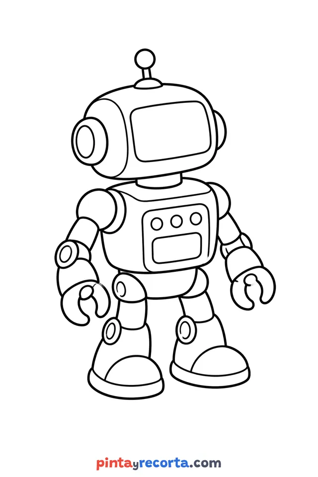Robot coloring page: standing, with its antenna, easy level with thick outlines and big spaces