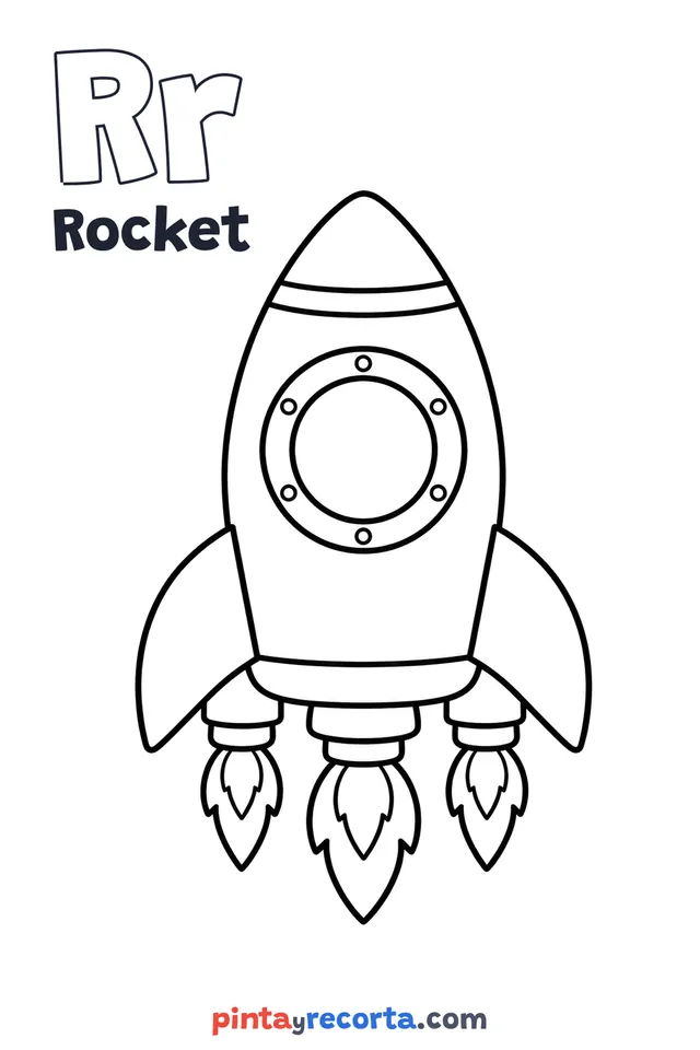 Rocket coloring page with the letter Rr and the word Rocket, easy level