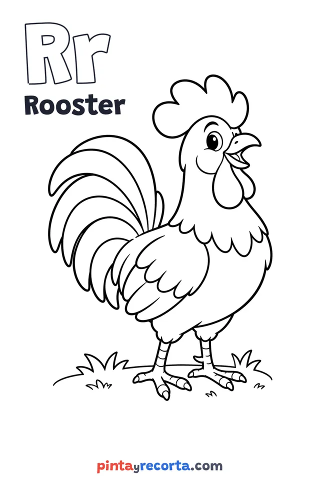 Rooster coloring page with the letter Rr and the word Rooster, easy level