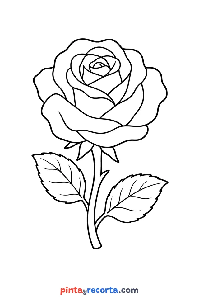 Dibujo de rosa para colorear con su tallo y sus hojas, nivel básico con trazos gruesos y áreas grandes