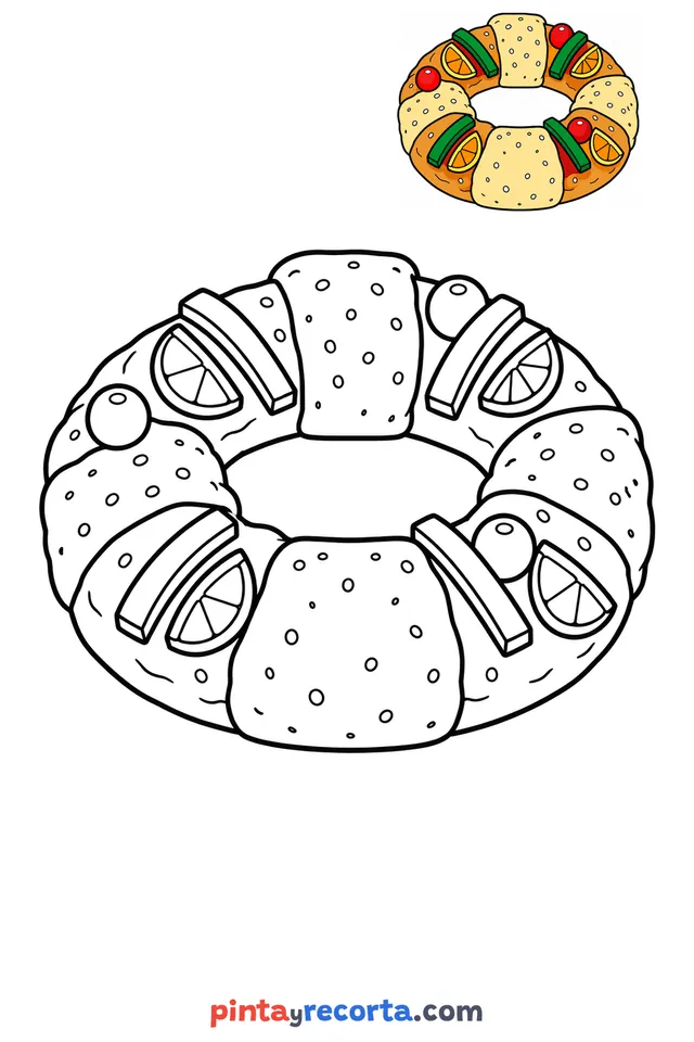 Dibujo de rosca de reyes para colorear con una guía de color en miniatura, nivel básico