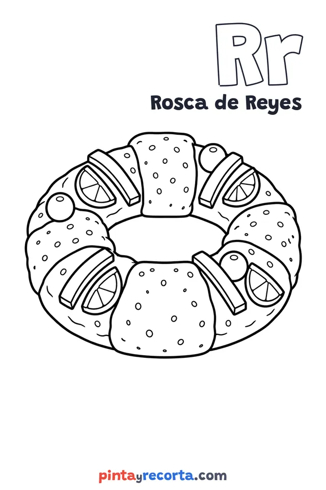Dibujo de rosca de reyes para colorear con la letra Rr y la palabra Rosca de Reyes, nivel básico