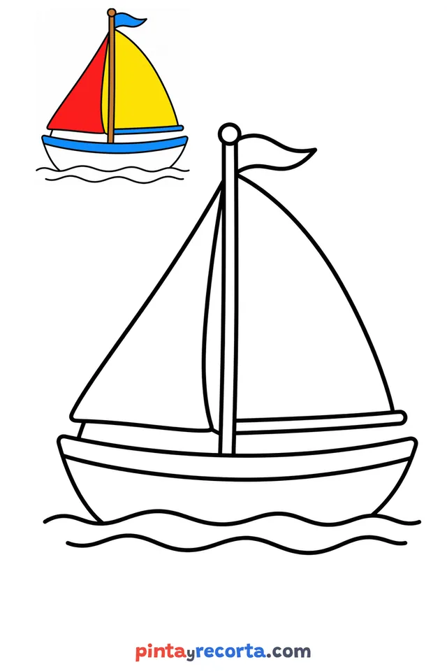 Sailboat coloring page with a small color guide, easy level