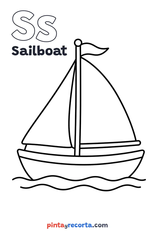 Sailboat coloring page with the letter Ss and the word Sailboat, easy level