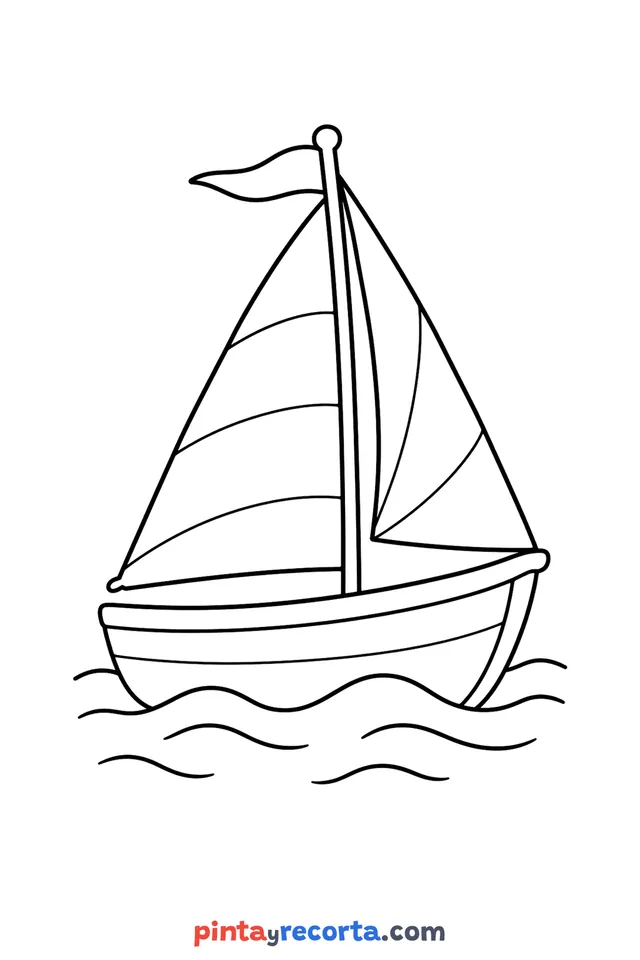 Sailboat coloring page: sailboat sailing on the waves with its flag, easy level with thick outlines and big spaces