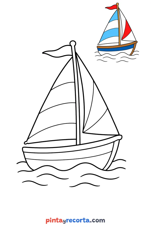 Sailboat coloring page with a small color guide, easy level