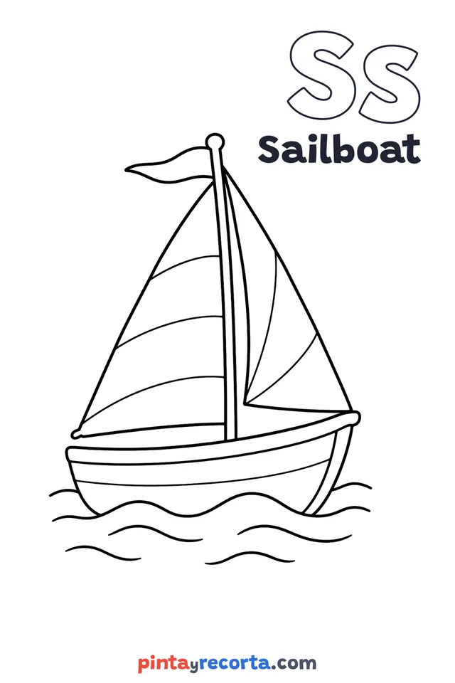 Sailboat coloring page with the letter Ss and the word Sailboat, easy level