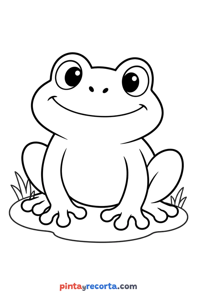 Dibujo de sapo para colorear de cuerpo completo en pose tranquila, nivel básico con trazos gruesos y áreas grandes