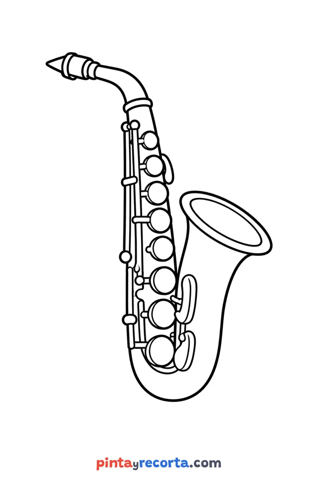 Dibujo de saxofón para colorear con sus llaves, nivel básico con trazos gruesos y áreas grandes