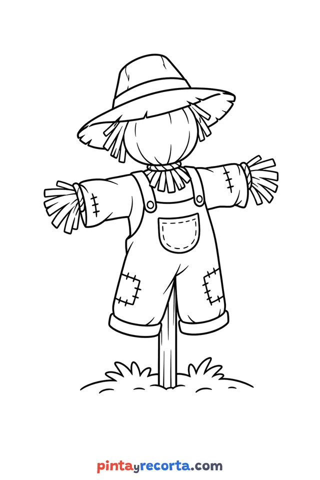 Scarecrow coloring page: in three-quarter view, easy level with thick outlines and big spaces