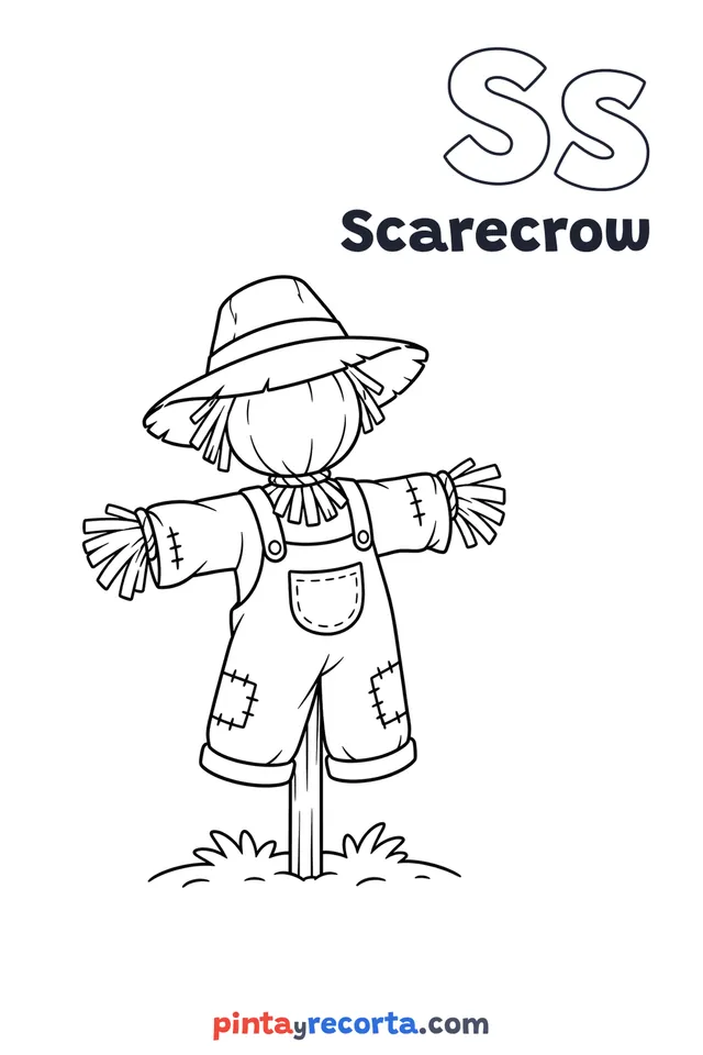 Scarecrow coloring page with the letter Ss and the word Scarecrow, easy level