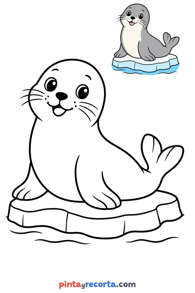 Seal coloring page with a small color guide, easy level