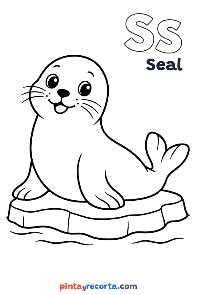 Seal coloring page with the letter Ss and the word Seal, easy level