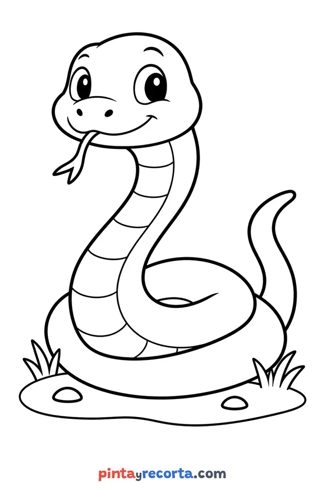 Dibujo de serpiente para colorear de cuerpo completo en pose tranquila, nivel básico con trazos gruesos y áreas grandes