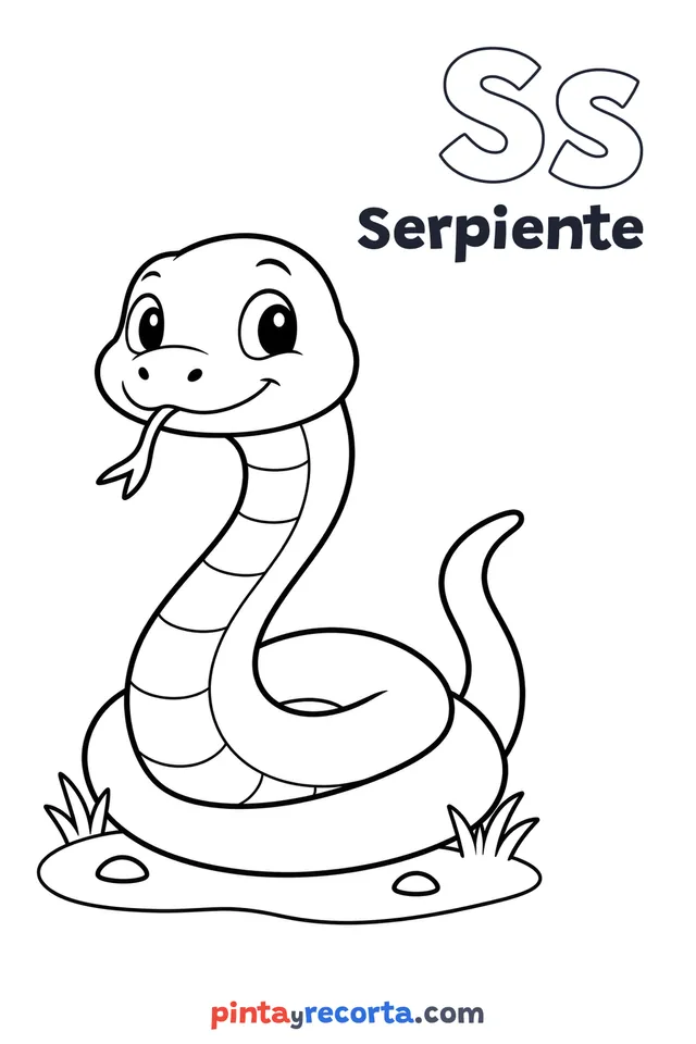 Dibujo de serpiente para colorear con la letra Ss y la palabra Serpiente, nivel básico