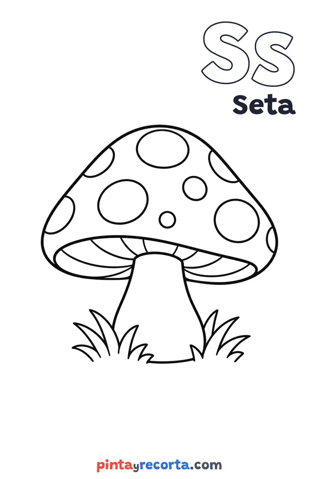 Dibujo de seta para colorear con la letra Ss y la palabra Seta, nivel básico