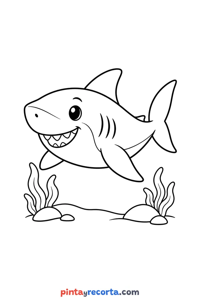 Shark coloring page: swimming next to some seaweed, easy level with thick outlines and big spaces