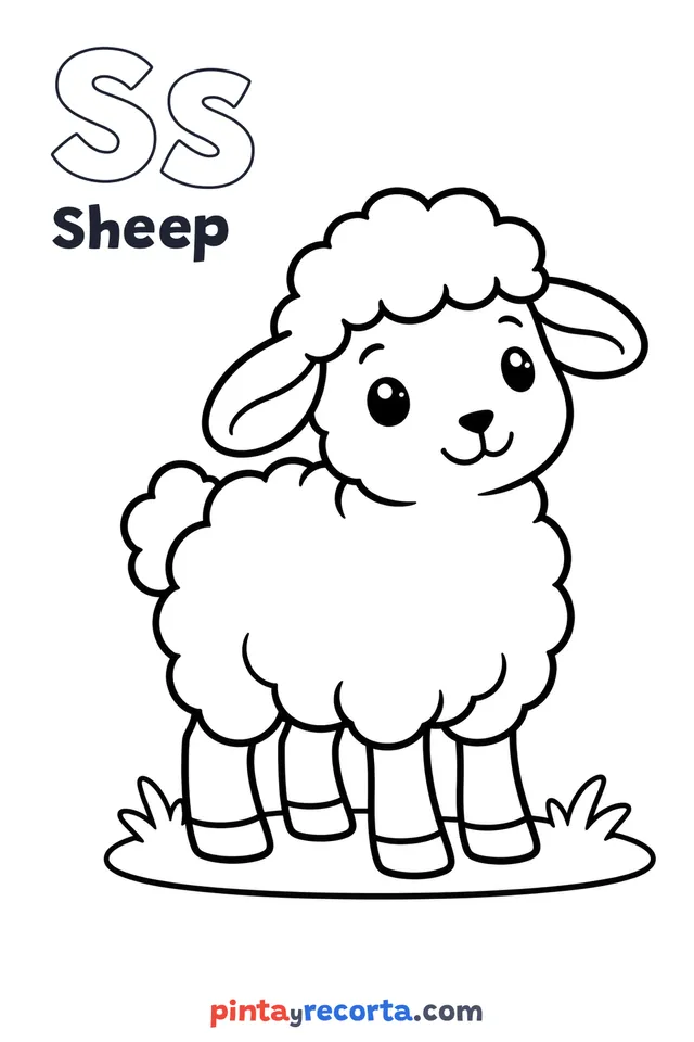Sheep coloring page with the letter Ss and the word Sheep, easy level