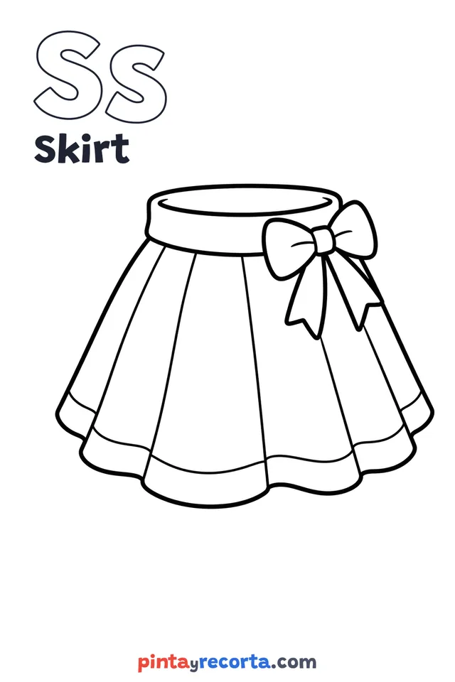 Skirt coloring page with the letter Ss and the word Skirt, easy level