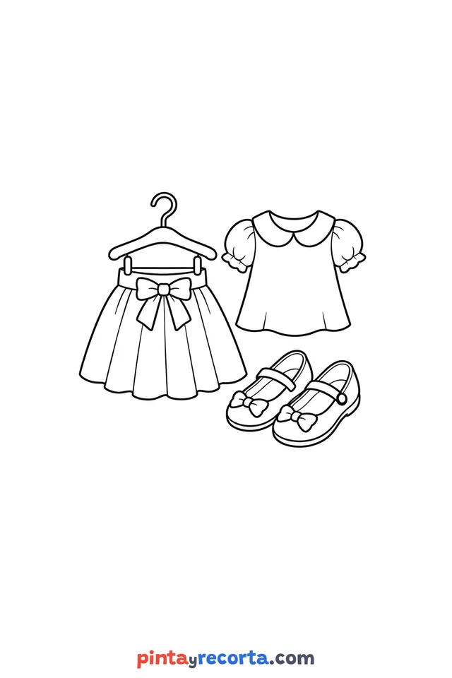 Skirt coloring page: skirt with a bow, blouse and shoes on a clothes hanger, easy level with thick outlines and big spaces